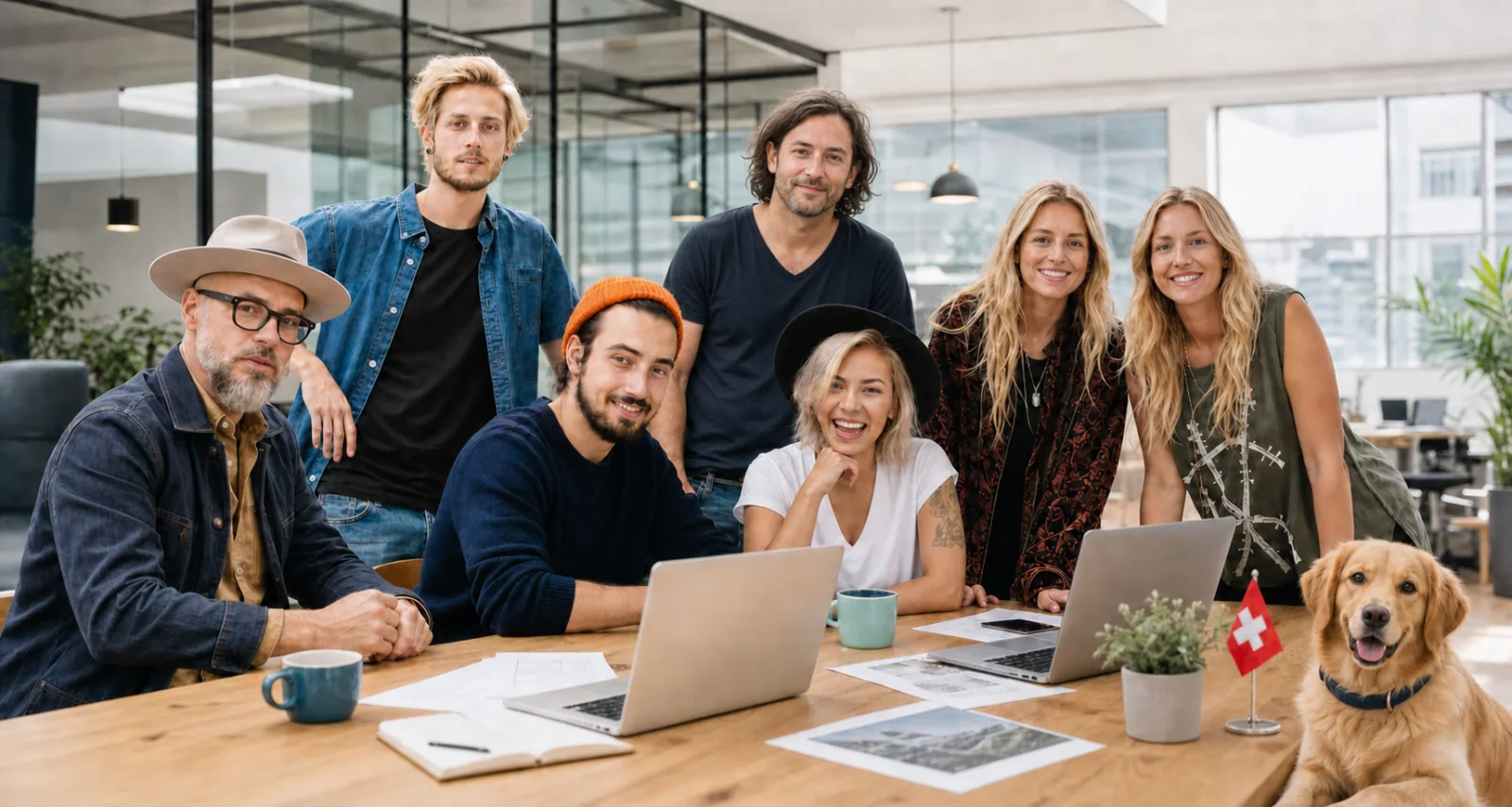 Das siebenköpfige gemeinsame Team der Schweizer Service-Portale mit Golden Retriever Lucy im Office